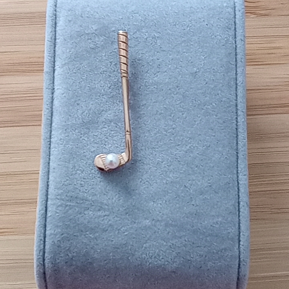 Vintage 14k Yellow Gold Golf Club With Pearl Ball Tie Pin Brooch 2.5cm